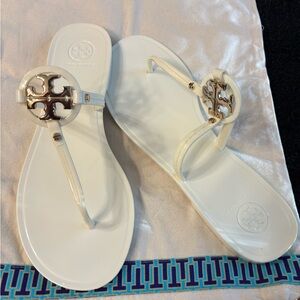 Tory Burch Ivory Sandals with Gold Logo Accent